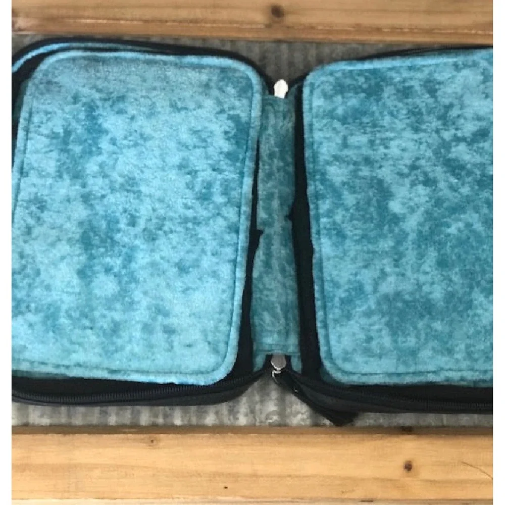 Jewelry Cowhide Travel Case‎ Organizer Black Leather Blue FeltLiner New